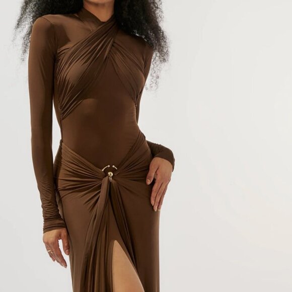 Deme by Gabriella June Gown in Chocolate Brown long sleeve maxi draped mermaid - Picture 2 of 5